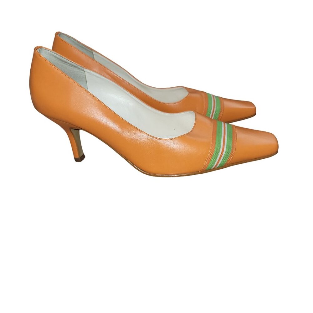 Werner Brazilian Orange Square Toe High Stilleto Leather Heels Pumps Size 8.5 M - Picture 4 of 8